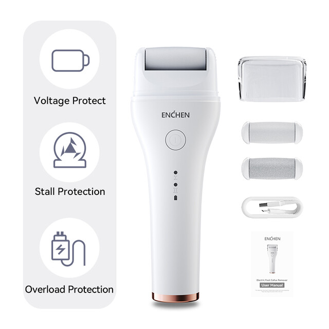 ENCHEN Pedicure Device: White Rock Electric Foot Callus Remover With 3 Roller Heads,1pc for Smooth Heels & Feet