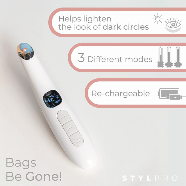 STYLPRO Bags Be Gone Heated Eye Massager - Reduces Dark Circles with 3 Modes & Rechargeable Power for a Relaxing Facial Treatment
