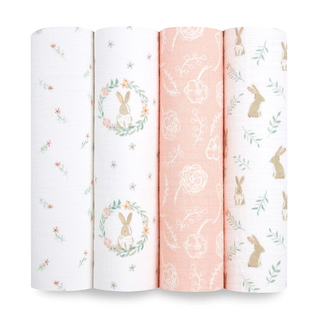aden + anais Baby Swaddles, 4 Pack of Cotton Muslin Swaddle Blankets in Blushing Bunnies Design for Newborns