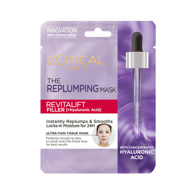 L'Oréal Paris Anti-Aging Face Mask with Hyaluronic Acid, Filler Tissue Mask for Wrinkle Reduction & Plumping Skin Hydration