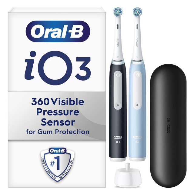 Oral-B iO3 Electric Toothbrush Duo Pack - 2 Black & Blue Brushes with 3 Cleaning Modes, Pressure Sensor & Long Battery Life