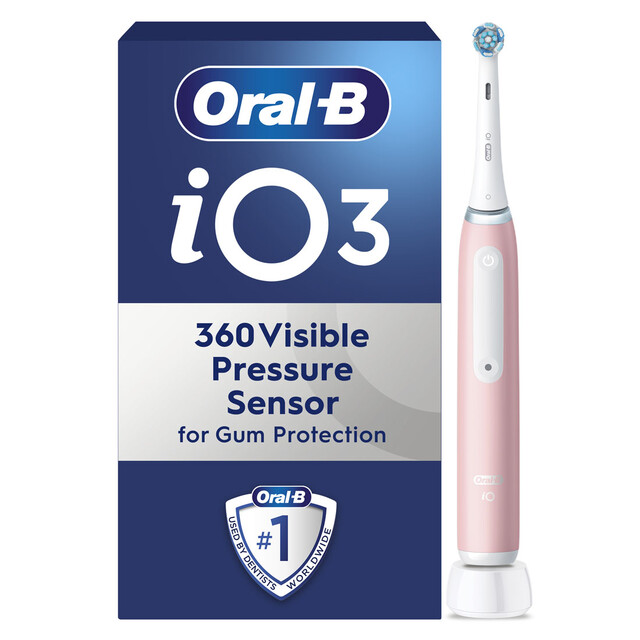 Oral-B iO3 Electric Toothbrush in Blush Pink | 3 Cleaning Modes, Pressure Sensor, 2-Minute Timer & Long Battery Life