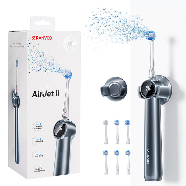 RANVOO AirJet II Electric Toothbrush for Max Plaque Removal & Whitening, 60-Day Battery, 6 Brush Heads, Magnetic Charging (Space Gray)