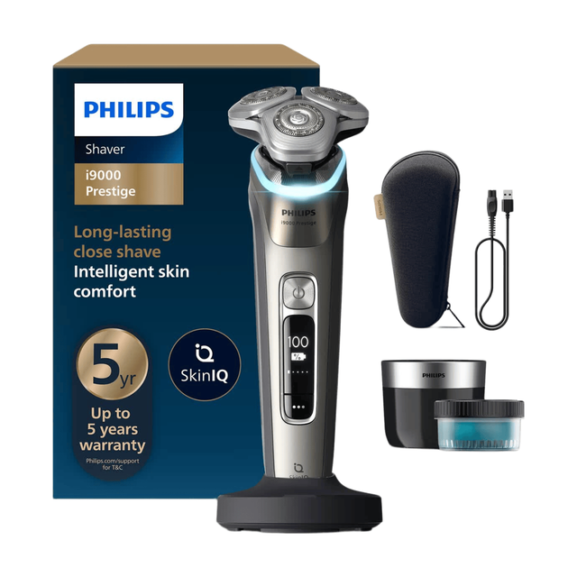 Philips Prestige Men's Electric Shaver - Wet & Dry with SmartSkinIQ Tech, Wireless Charging & NanoTech Blades for Ultimate Comfort.