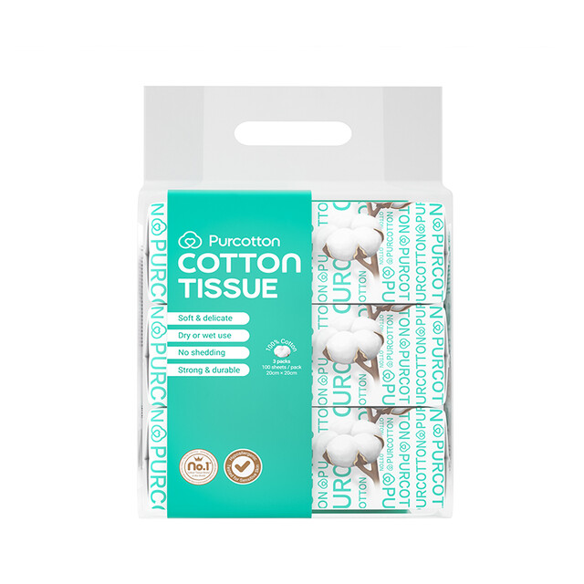 Purcotton 100% Cotton Facial Tissues, 3-Pack Dry & Wet Dual-Use Soft Sheets for Home, Travel & On-the-Go Needs