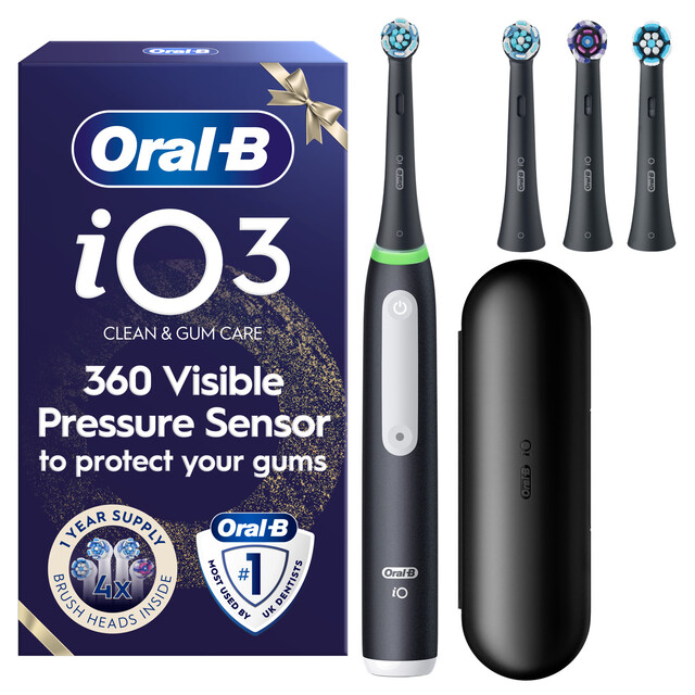 Oral-B iO3 Electric Toothbrush Christmas Edition - Black with 4 Brush Heads & Travel Case for Premium Dental Care