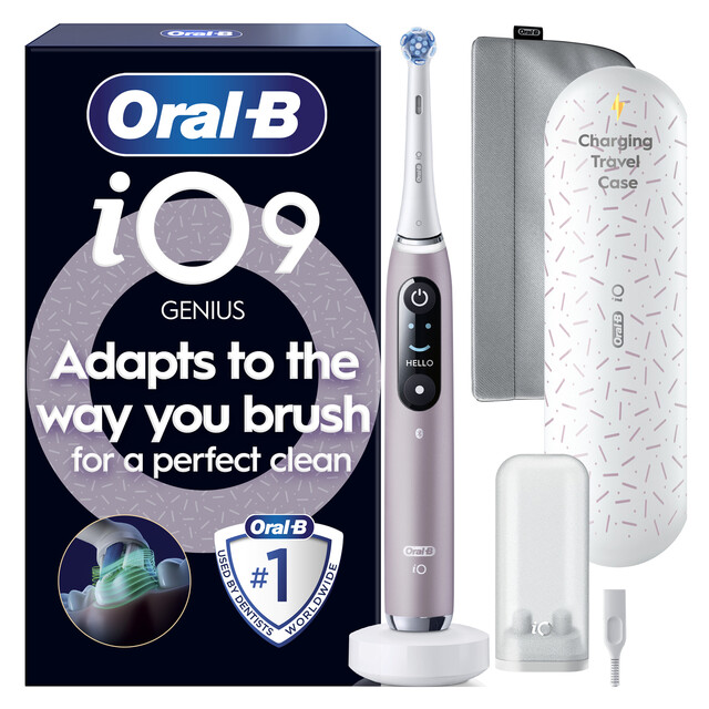 Oral-B iO9 Rose Quartz Electric Toothbrush with AI Tracker, Color Display, Travel Case, 7 Modes & Magnetic Fast Charger for Premium Dental Care.