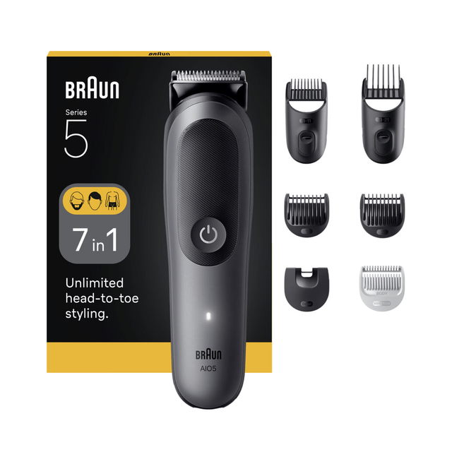 BRAUN Series 5 All-in-One 7in1 Grooming Kit with Sharp Blade & Body Trimmer, AIO5520, Grey - Top Male Grooming Gift