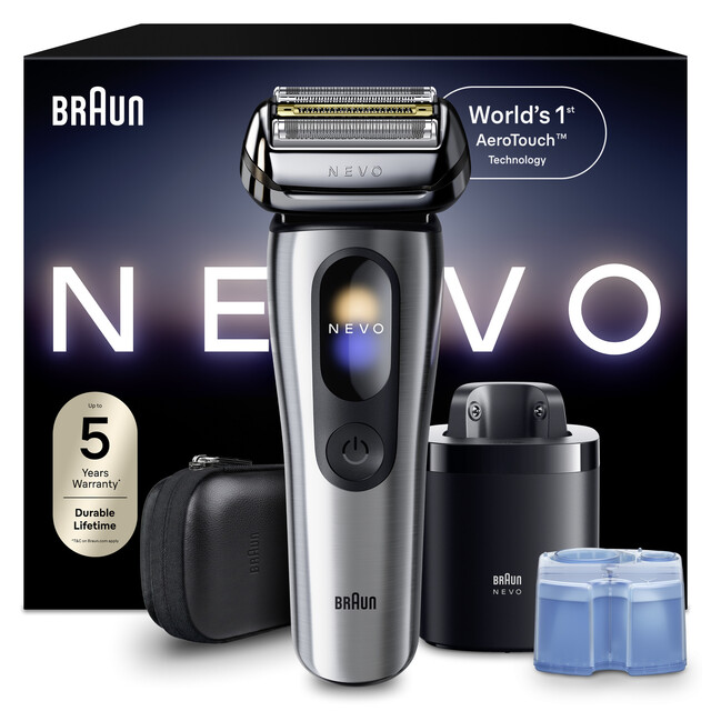 BRAUN Men's Electric Shaver: NEVO 15000C AeroTouch Foil Razor with 250 Blades & 60-Min Battery in Silver