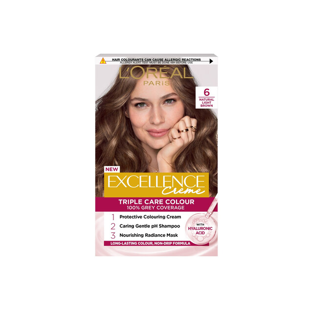 L'Oréal Paris Excellence Crème Hair Dye: 6 Natural Light Brown with 100% Grey Coverage & Hyaluronic Acid for Nourished, Shiny Hair