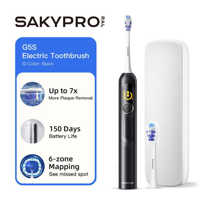 saky Pro G5S Black Electric Toothbrush for Adults & Kids with Smart Display, Real-Time Map, 150-Day Battery, 3-Min Timer & Travel Case