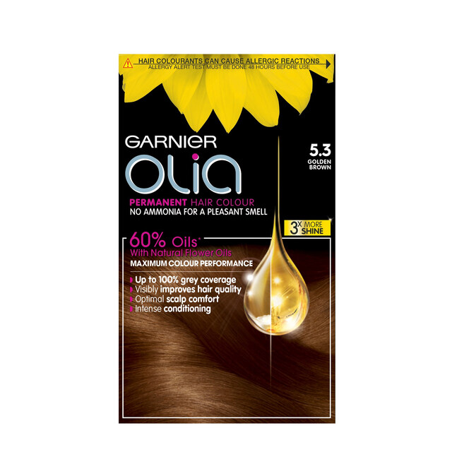 Garnier Olia Hair Colour: Golden Brown 5.3 - Oil-Powered, No-Ammonia Formula for 100% Grey Coverage & Luminous Vibrancy.