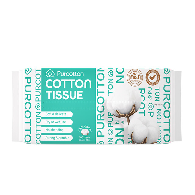 Purcotton 100% Cotton Facial Tissues, 100% Natural & Soft for Sensitive Skin, 100-Sheet Boxes for Gentle Cleansing