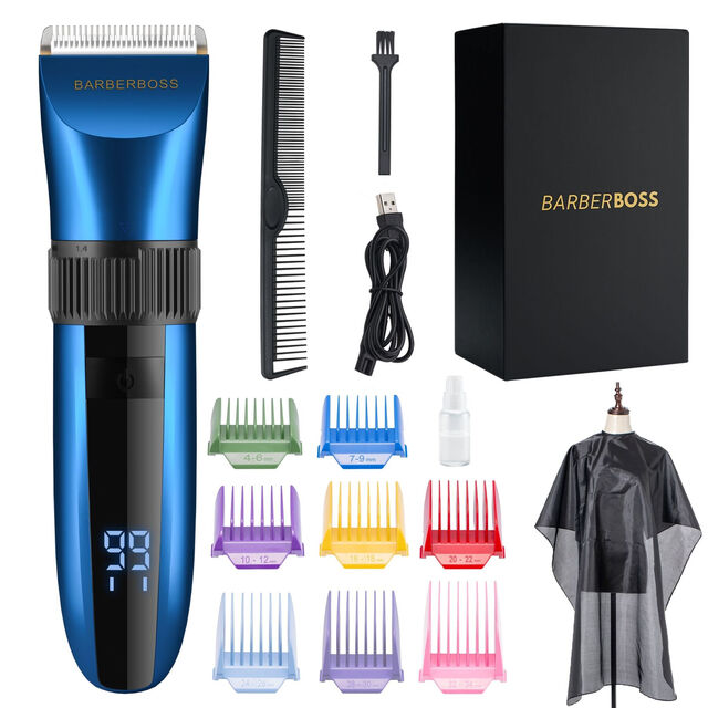BarberBoss Beard & Hair Trimmer | Cordless Clipper with LED Display, 8 Guide Combs, 180-Min Runtime & Ceramic Blades - Blue
