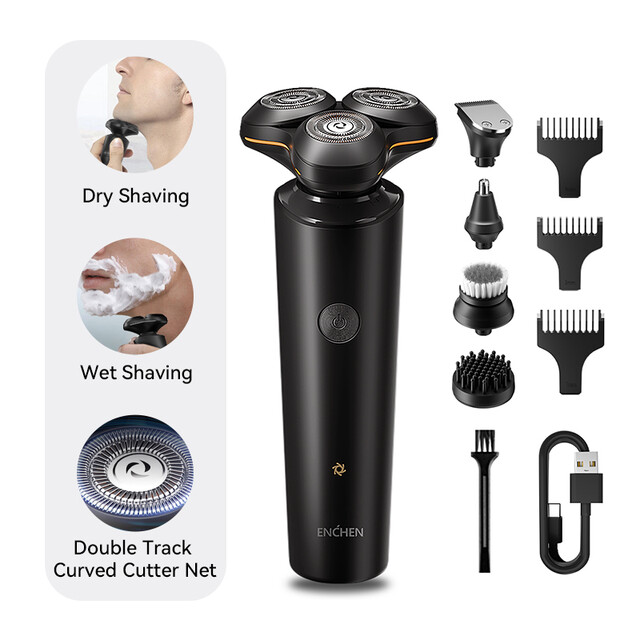 ENCHEN Men's Electric Shaver & Beard Trimmer - Black, Multi-Purpose Grooming Kit with 4 Replacement Heads, Portable Design