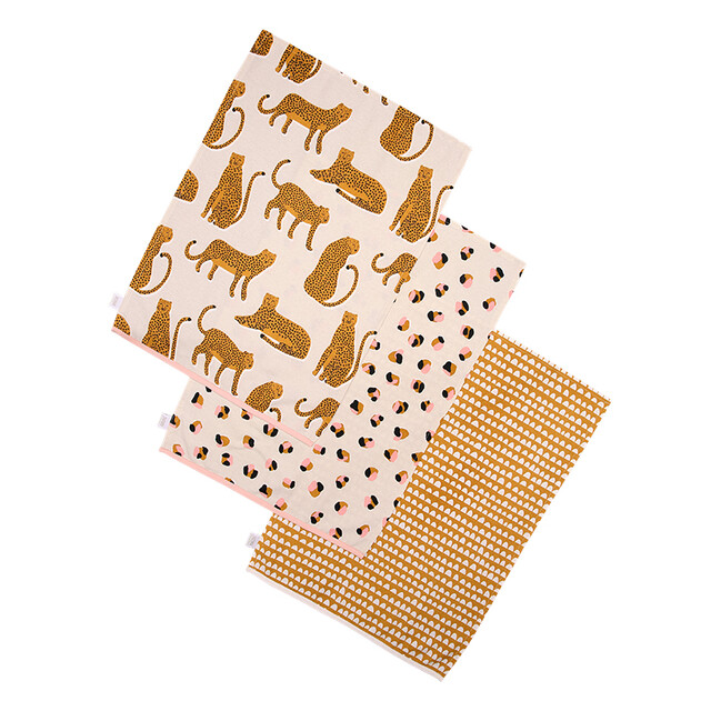 Scion Living Tea Towels Set of 3, Lionel Blush and Mustard Print, Kitchen & Table Linen Multi-Purpose