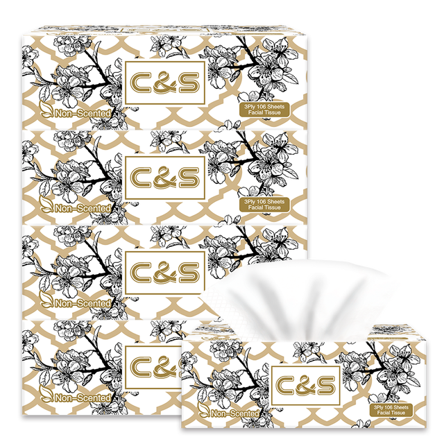 C&S Facial Tissues: Soft & Skin-Friendly 3-Ply Tissue Boxes, 4-Pack with 424 Total Sheets for Home & Kitchen Use