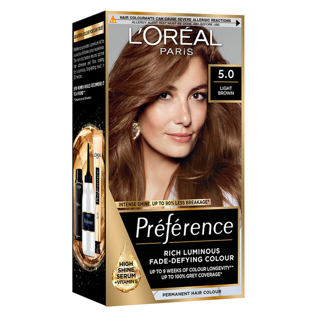L'Oréal Paris Preference Permanent Hair Colour: 5.0 Light Brown Luminous & Fade-Defying, Recommended by 9/10 Women
