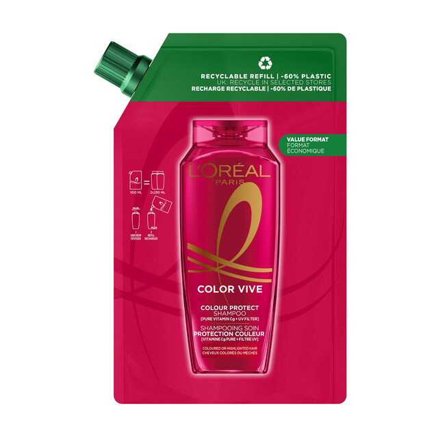 L'Oréal Paris Colour Protect Shampoo Refill for Coloured Hair, with Pure Vitamin Cg & UV Filters, Recyclable 500ml Pouch