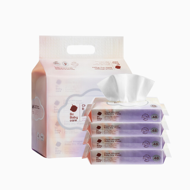 Bc Babycare Disposable Dry Wipes, Ultra-Soft 200x200mm Facial Tissues for Sensitive Skin, 192 Count Dual-Use Wet & Dry Towels for Babies