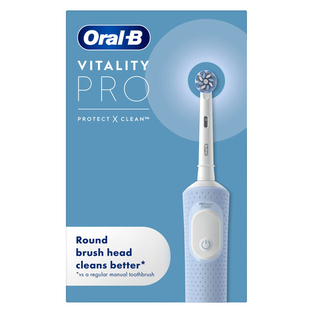 Oral-B Vitality Pro Electric Toothbrush: 3 Cleaning Modes with Round Brush Head, Pressure Sensor & 4x30s Timer in Blue