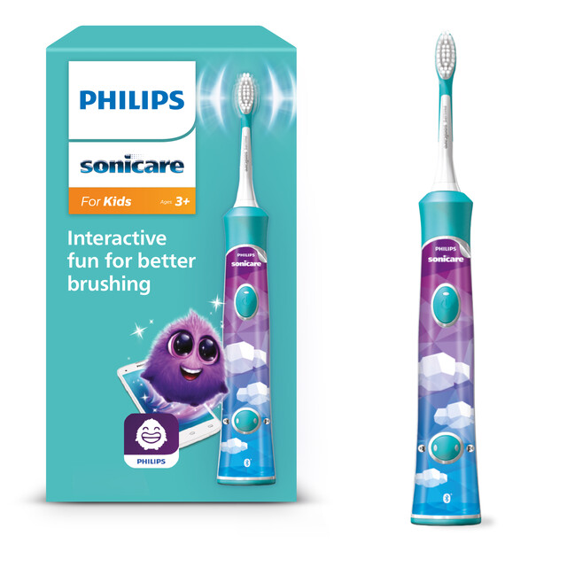 Philips Sonicare Electric Toothbrush for Kids with App, 2 Brush Heads, Gentle Cleaning for Ages 3+, 2 Intensities & Reusable Stickers