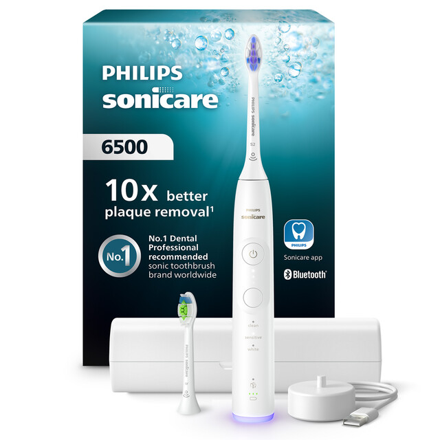 Philips Sonicare 6500 Electric Toothbrush with Travel Case, 3 Modes & Intensities, 10x More Plaque Removal, White HX7410/02