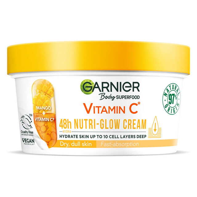 Garnier Body Superfood Nutri Glow Body Cream with Vitamin C & Mango for Dry Dull Skin, Nourishing Brightening Vegan Bodycare 300ml