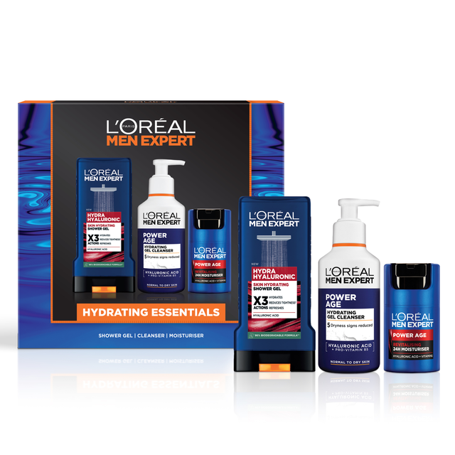 L'Oréal Paris Men's Grooming Gift Set: Hydrating Essentials Trio with Hyaluronic Acid for 24H Hydration & Anti-Aging Care