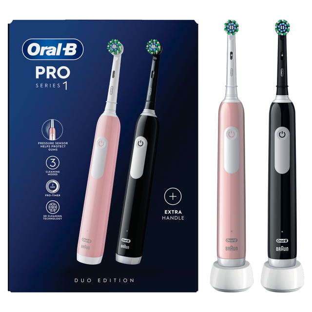 Oral-B Pro 1 Electric Toothbrushes Duo Pack: 3 Modes, Pressure Sensor, Brushing Timer for 3D Cleaning in Black & Pink