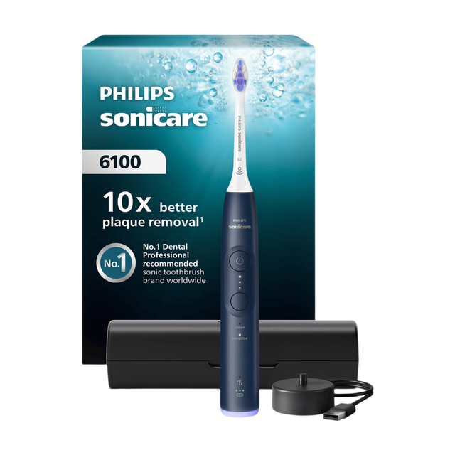 Philips Sonicare 6100 Electric Toothbrush - 2 Modes, 3 Intensities with Travel Case & Visual Pressure Sensor for Navy Blue HX7403/05