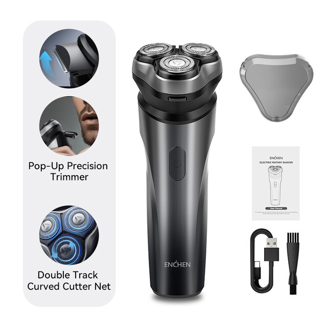 ENCHEN Blackstone Max Men's Electric Shaver - 100% Waterproof with 3D Flex Heads & Pop-Up Trimmer, Black ABS
