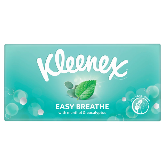 Kleenex Facial Tissues: Menthol & Eucalyptus Scented Easy Breathe Tissues for Soothing Relief and Comfort.