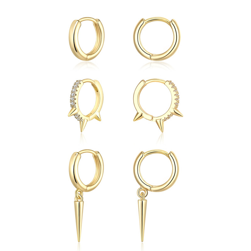 3 - pair Dangle Huggie Earrings Set Dainty Hoop Stud and Spike Earrings with Cubic Zi