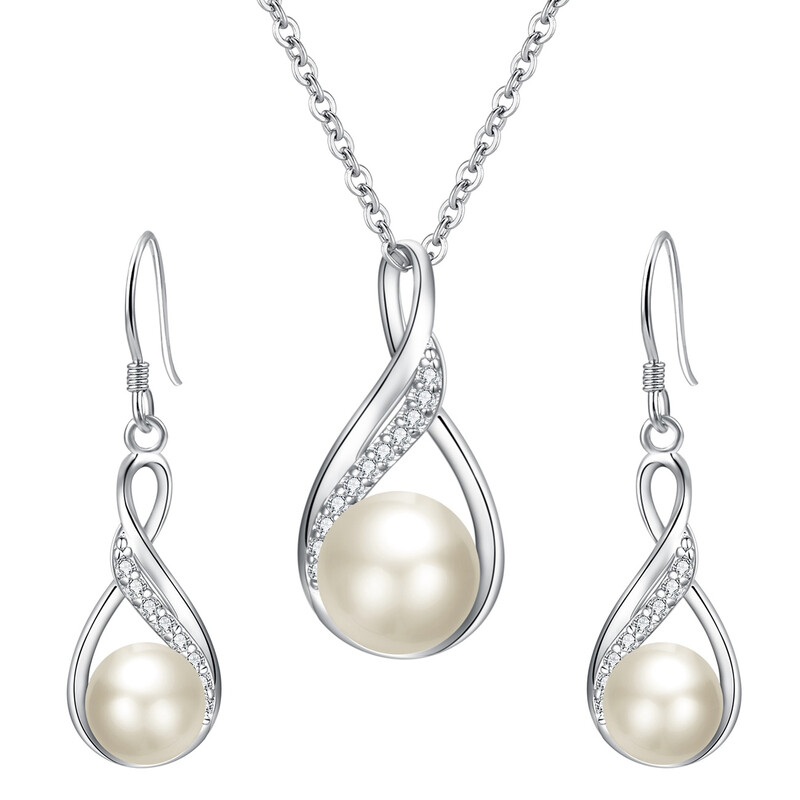 Cubic Zirconia and Freshwater Cultured Pearl Infinity Pendant Necklace and Earrings S
