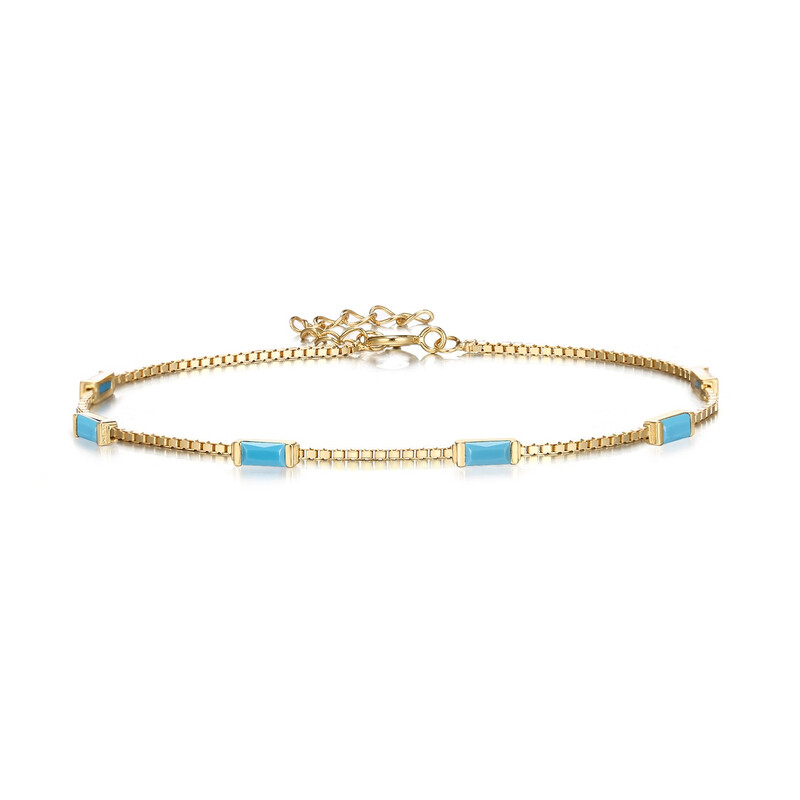 Dainty Emerald Cut Light Blue Created Opal Charm Link Bracelet