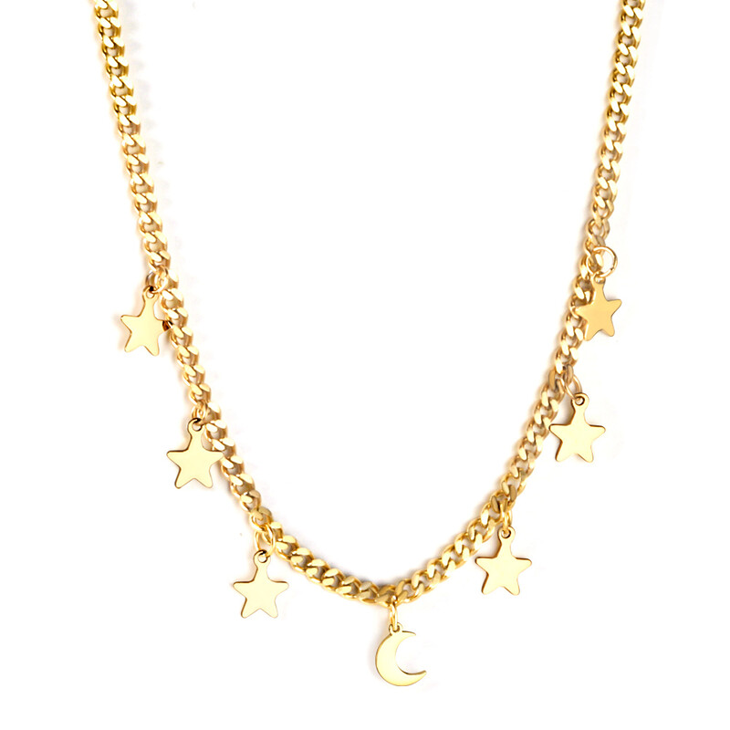 Star and Moon Charm Station Necklace, 6 Celestial Pendants, 40+5cm Gold