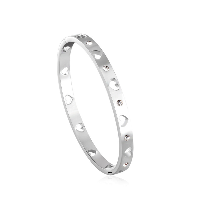 Silver Tone Stainless Steel Cuff Bangle, Minimalist Bangle with CZ Stone Inlays, Tarn