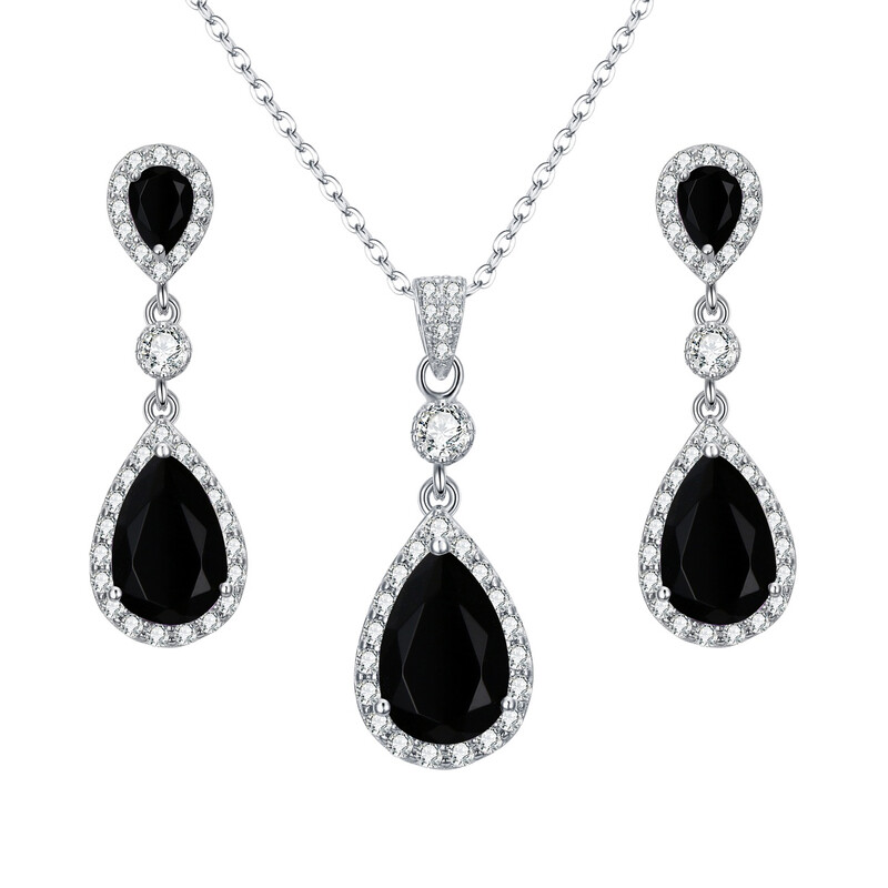 Black Cubic Zirconia Infinity Teardrop Pendant Necklace and Dangle Earrings Set