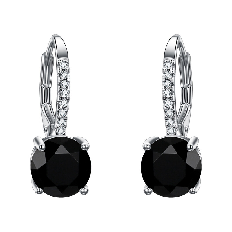 Black Round Drop Leverback Dangle Earrings with Full Cubic Zirconia