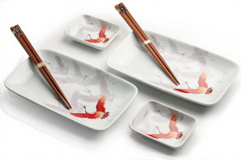 Luxus-Sushi-Set - Kranich - 2 Personen - 6-teiliges Sushi-Set - Enthält - 2 Sushi-Teller - 2 Sushi-Schalen - 2 Sushi-Stäbchen 22 Cm*12, 5 Cm*H2, 5