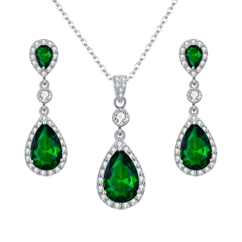 Green Cubic Zirconia Infinity Teardrop Pendant Necklace and Dangle Earrings Set