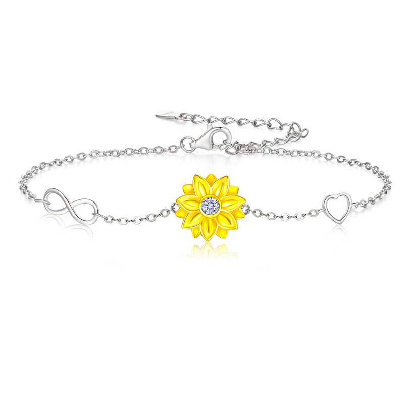Cubic Zirconia Sunflower and Infinity Heart Charm Adjustable Link Bracelet