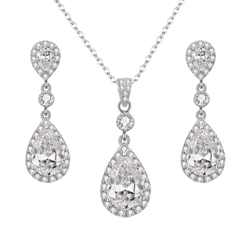 Cubic Zirconia Infinity Teardrop Pendant Necklace and Dangle Earrings Set