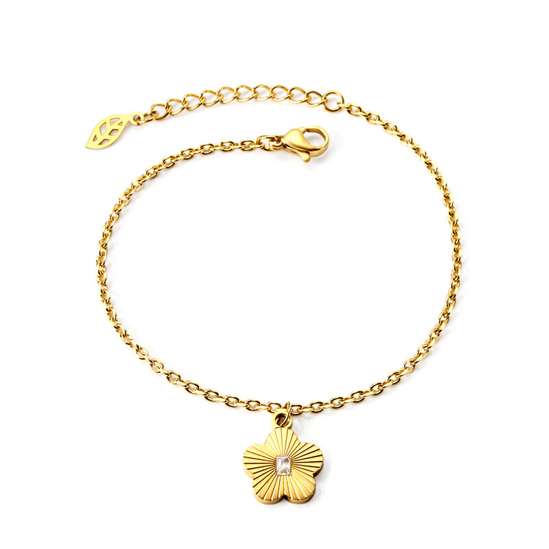 Cherry Blossom Flower Pendant Bracelet with Cubic Zirconia, 18K Gold Plated Stainless