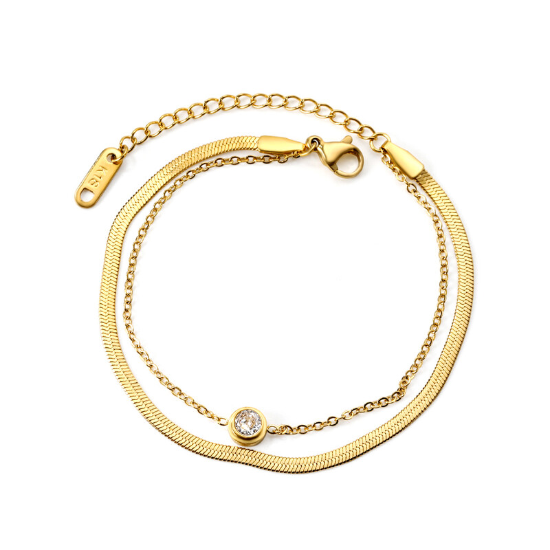 18K Gold Plated Double Layer Bracelet for Women, Round White Cubic Zirconia Bezel Cha