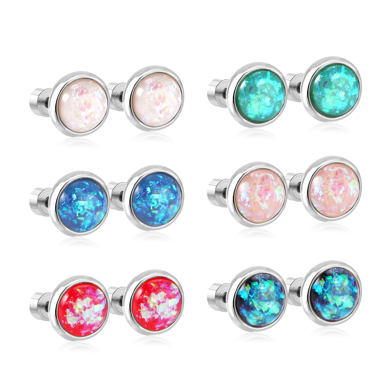 Colorful Crushed Stone Inlay Round Stud Earrings, Surgical Steel Screw Back Piercing 