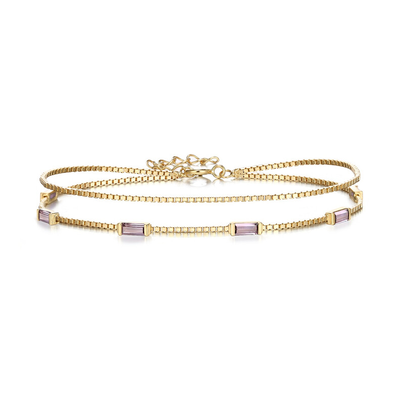 Dainty Emerald-Cut Purple Cubic Zirconia Charm Link Bracelet