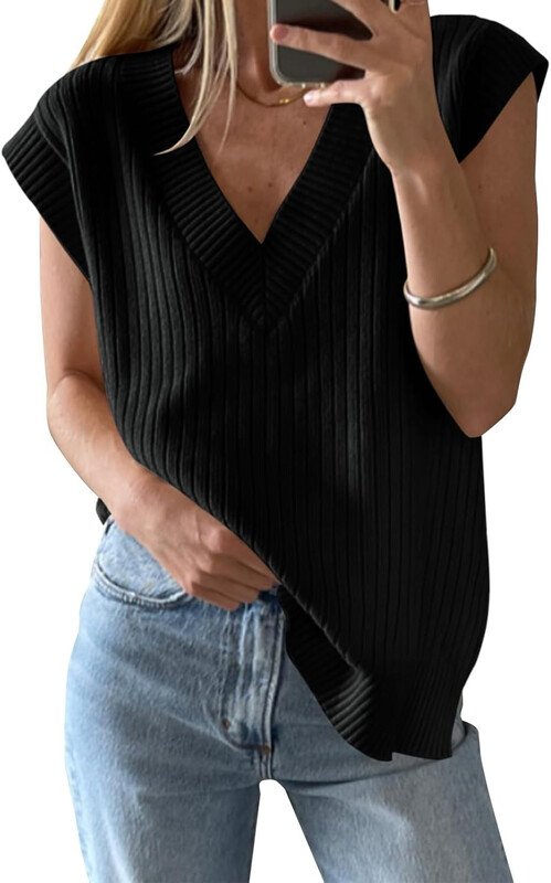 Women's V Neck Sweater Oversized Vest Sleeveless Lightweight Summer Sweater Elegant (black, L)