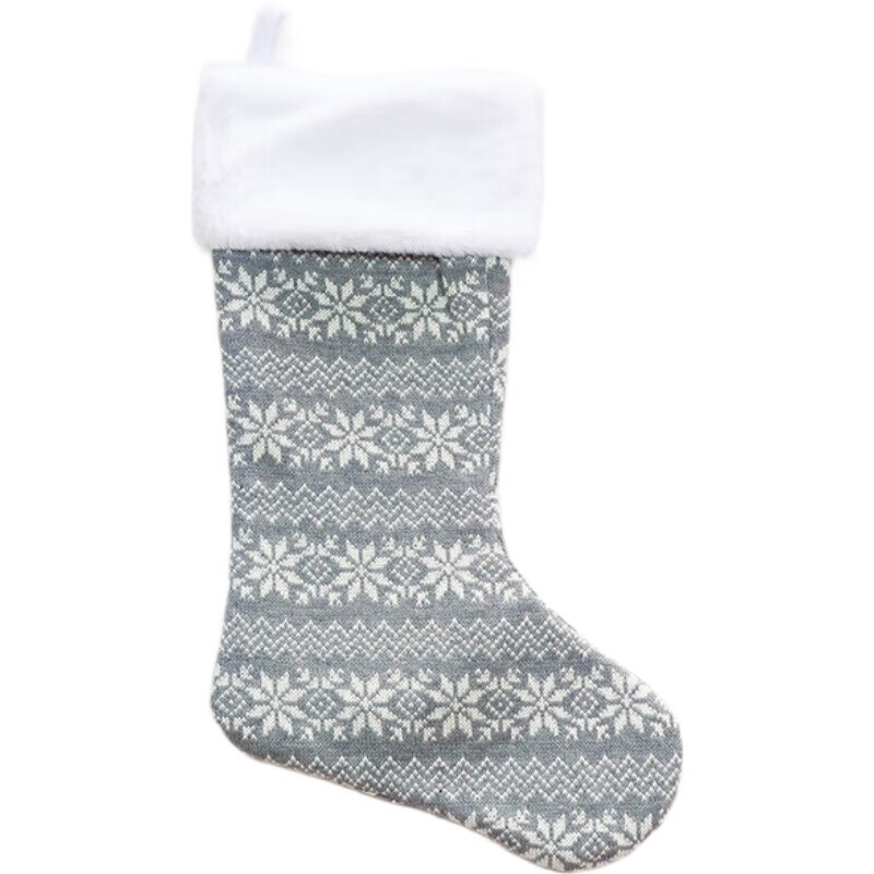 Grey Knitted Christmas Wool Stocking with Snowflake Pattern